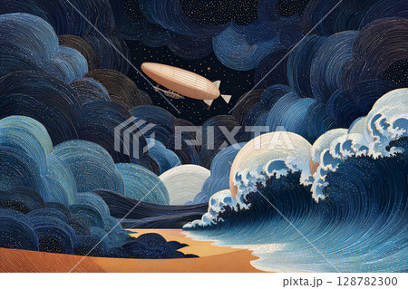 飛行船の飛ぶ神秘的な海と宇宙のイラスト 128782300