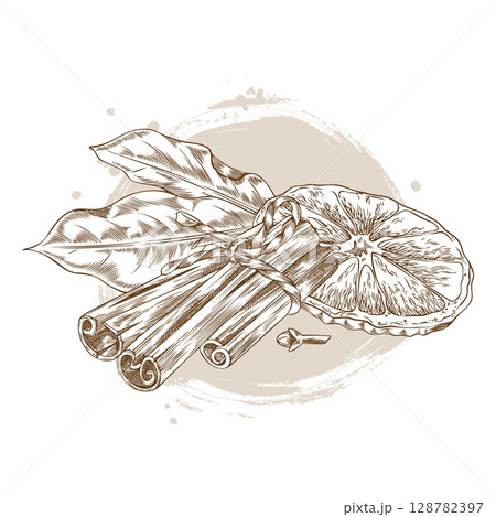 Cinnamon sticks, bay leaves, cloves, orange piece, monochrome hand sketch. 128782397