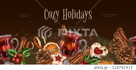 Glass of mulled wine with spices and fruits, vector seamless border sketch design, hand drawn cozy holidays drink 128782413