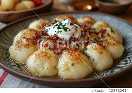 Lithuanian cepelinai, potato dumplings, served on a plate, topped with crispy bacon bits and sour cream, with a traditional tablecloth and natural light Lithuanian cepelinai, potato dumplings, served on a plate, topped with crispy bacon bits and sour cream, with a traditional tablecloth and natural light 128782414