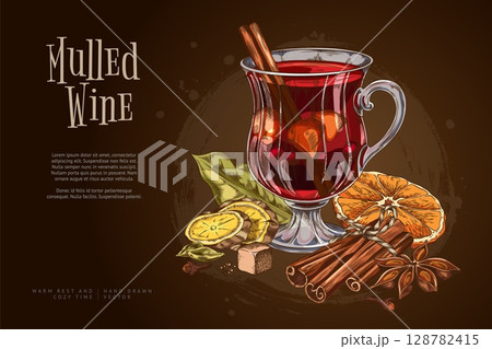 Vector poster with a glass of mulled wine and ingredients on a brown background, hand drawn. 128782415