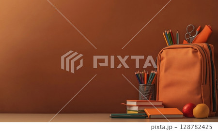 School Supplies Flat Lay on Neutral Background 128782425