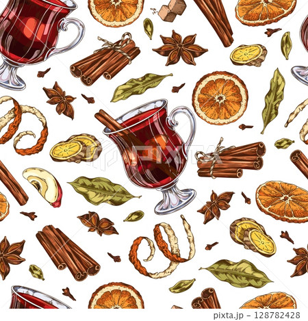 Seamless wallpaper with a glass of mulled wine with ingredients, fruits and spices. Seamless wallpaper with a glass of mulled wine with ingredients, fruits and spices. 128782428