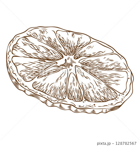 Orange, tangerine slice sketch, vector engraved hand drawn sweet ripe citrus fruit cut, organic juicy snack 128782567