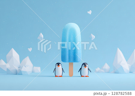 ペンギンとアイスキャンデーと流氷（3D） 128782588