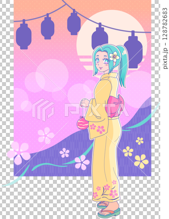 Summer festival night: A girl in a yukata turns around with a yo-yo (retro style) 1 128782683