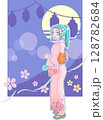 夏まつりの夜ヨーヨーを持つ振り向き浴衣姿の女の子（レトロ風）2 128782684