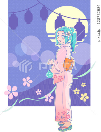 夏まつりの夜ヨーヨーを持つ振り向き浴衣姿の女の子(レトロ風)2 夏まつりの夜ヨーヨーを持つ振り向き浴衣姿の女の子(レトロ風)2 128782684