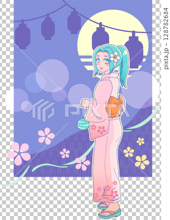夏まつりの夜ヨーヨーを持つ振り向き浴衣姿の女の子(レトロ風)2 夏まつりの夜ヨーヨーを持つ振り向き浴衣姿の女の子(レトロ風)2 128782684