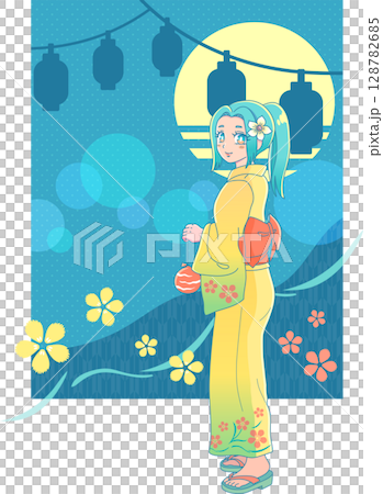 A girl in a yukata turns around and holds a yo-yo at the summer festival (retro style) 3 A girl in a yukata turns around and holds a yo-yo at the summer festival (retro style) 3 128782685