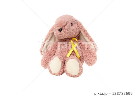 Plush bunny with yellow ribbon for kids' health, isolated on white, PNG Plush bunny with yellow ribbon for kids' health, isolated on white, PNG 128782699