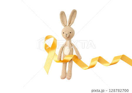 Bunny with yellow ribbon symbolizes support, isolated on white, PNG Bunny with yellow ribbon symbolizes support, isolated on white, PNG 128782700