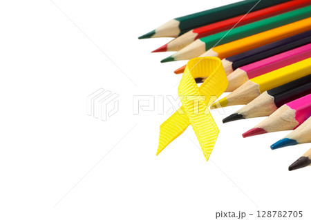 Colored pencils tied with a yellow ribbon, isolated on white, PNG Colored pencils tied with a yellow ribbon, isolated on white, PNG 128782705