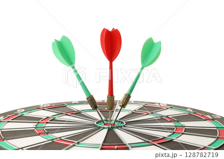 Darts hit the bullseye during a game, isolated on white, PNG 128782719