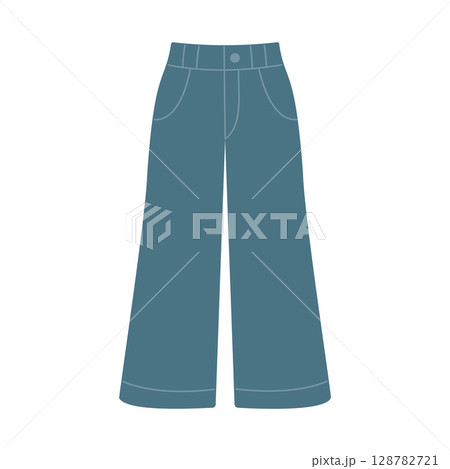 Flared denim trousers. Hand-drawn. Flat vector illustration isolated on a white background Flared denim trousers. Hand-drawn. Flat vector illustration isolated on a white background 128782721
