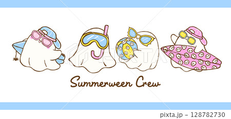 Cute Summerween ghost sheet doodle hand drawn set 128782730