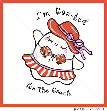 Cute Summerween ghost sheet in bikini doodle hand drawn printable for t shirt sublimation and sticker 128782731