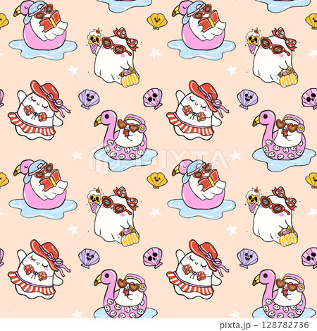 Cute Summerween seamless pattern cute ghost Summer on beach girly spooky halloween design for fabric, sublimation, wallpaper Cute Summerween seamless pattern cute ghost Summer on beach girly spooky halloween design for fabric, sublimation, wallpaper 128782736