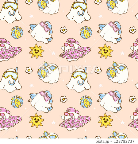 Cute Summerween seamless pattern cute ghost Summer spooky halloween design for fabric, sublimation, wallpaper 128782737