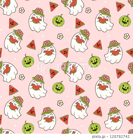 Cute Summerween seamless pattern with cute ghost with watermelon girly spooky halloween Summer design for fabric, sublimation, wallpaper Cute Summerween seamless pattern with cute ghost with watermelon girly spooky halloween Summer design for fabric, sublimation, wallpaper 128782742