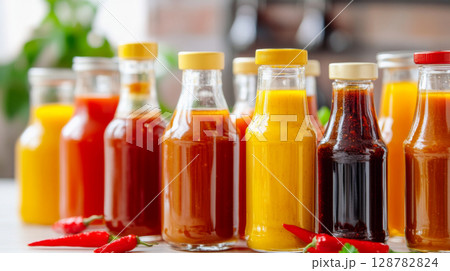 Variety of glass bottles with hot pepper sauces on display, suitable for food background 128782824