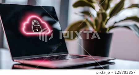 Laptop displaying cloud security interface on screen with green plant background 128782857
