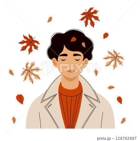 Elegant Woman Brunette with short haircut in trench coat with Autumn Leaves. Female Autumnal Portrait. Vector illustration. Not AI 128782887