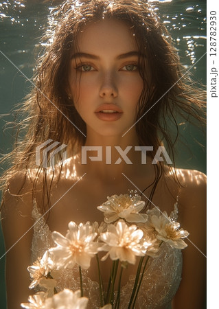 a bride holding a bouquet of waterproof artificial flowers, gently floating in an underwater scene 128782930
