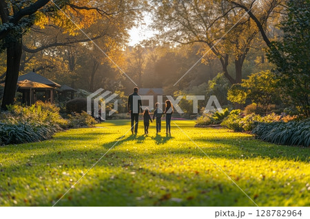 a family playing frisbee on the grass in a spacious park, surrounded by mature trees and sculpted gardens 128782964