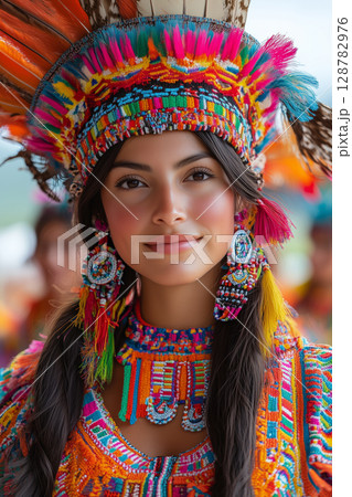 a group of performers in traditional Inca attire, dancing in formation in a large open square 128782976