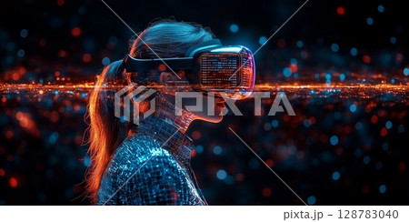 a person in a VR headset gesturing at floating holographic data, with futuristic visuals 128783040