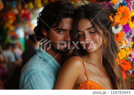 a couple dancing salsa at Feria de las Flores 128783045