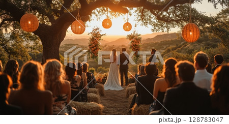 a couple exchanging vows under a large oak tree, with hanging lanterns and floral decorations, guests seated on hay bales, blank right side for text, golden hour lighting 128783047