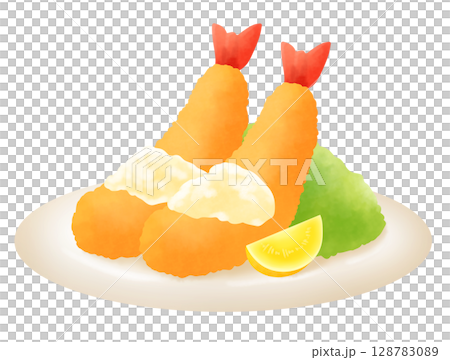 タルタルソースがかかったエビフライとサラダとレモンのイラスト タルタルソースがかかったエビフライとサラダとレモンのイラスト 128783089