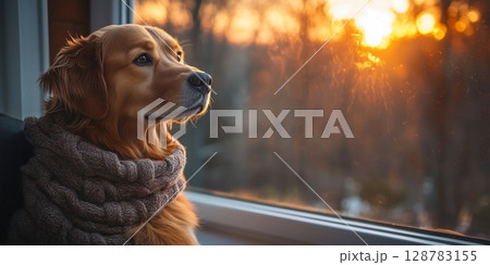 a dog watching the sunrise through a large window, peaceful setting with empty right side for text 128783155