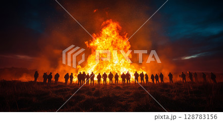 a dramatic bonfire lighting up the night during Golowan celebrations, silhouettes of festivalgoers around it 128783156