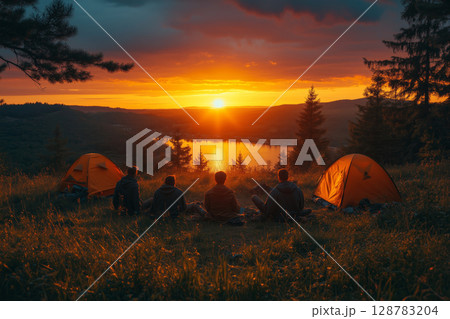 a sunset beach party at the festival, participants relaxing after muddy activities 128783204