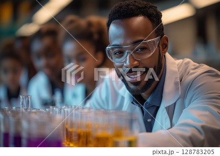 a teacher guiding students through a science experiment, lab coats on the table 128783205