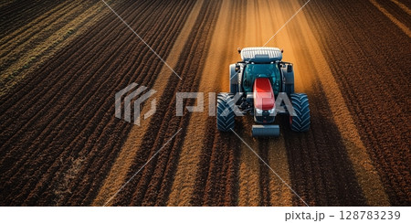 a smart tractor equipped with sensors and GPS technology, planting seeds in straight rows, blank space on the right for copy, bright sunny day 128783239