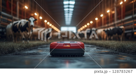 an automated cleaning robot moving through a robotic barn, cows grazing in the background, modern machinery visible, blank right side for text an automated cleaning robot moving through a robotic barn, cows grazing in the background, modern machinery visible, blank right side for text 128783267