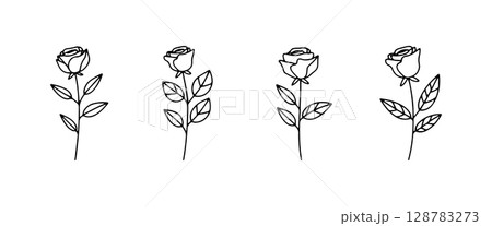 Rose Botanical Set. A collection of elegant hand-drawn rose stems and blossoms in fine line art style, perfect for romantic compositions, vintage-inspired design, and feminine branding. 128783273