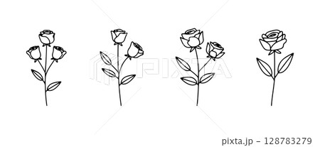 Botanical Rose Composition. A linear rose illustration with natural leaf accents, ideal for elegant floral branding or decor. 128783279
