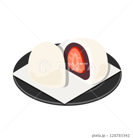 いちご大福(黒い丸皿+白い懐紙盛り)フラットアイソメトリックイラスト いちご大福(黒い丸皿+白い懐紙盛り)フラットアイソメトリックイラスト 128783342