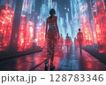 a virtual fashion show in the metaverse, featuring avatars modeling futuristic outfits, surrounded by glowing geometric visuals 128783346