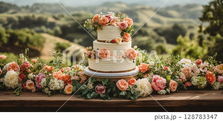 a wedding cake displayed on a rustic wooden table, surrounded by fresh flowers and greenery 128783347