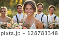 a wedding party posing in an open field, the bride and bridesmaids holding bouquets, groomsmen in suspenders, blank right side for text 128783348