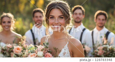 a wedding party posing in an open field, the bride and bridesmaids holding bouquets, groomsmen in suspenders, blank right side for text 128783348