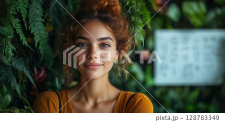 a woman brainstorming on a whiteboard in a collaborative outdoor coworking area, surrounded by vibrant plants and other people working 128783349