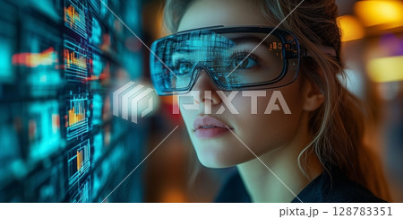 a woman in a modern office wearing AR glasses, interacting with holographic charts and digital tools a woman in a modern office wearing AR glasses, interacting with holographic charts and digital tools 128783351