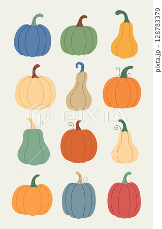 Set of pumpkins in different colours. Cute pumpkins drawn by hand. Cozy autumn set. Vector illustration 128783379